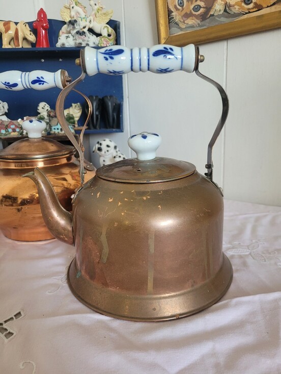 Vintage Other - Vintage Copper Teakettle with White & Blue Porcelain Handle